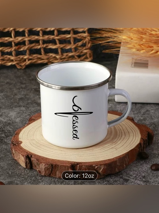 Other - Coffee Mug 12 oz 'Blessed' Mug White Enamel Over Stainless Steel NIB